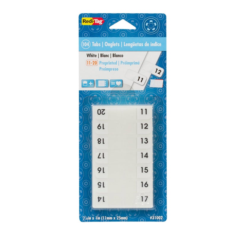 Redi-Tag Numbered Tabs, 11-20 Pre-Printed Divider Tabs, Permanent Adhesive Index Labels, 7/16" x 1", 104 Tabs Per Pack, (B31002) - Image 1